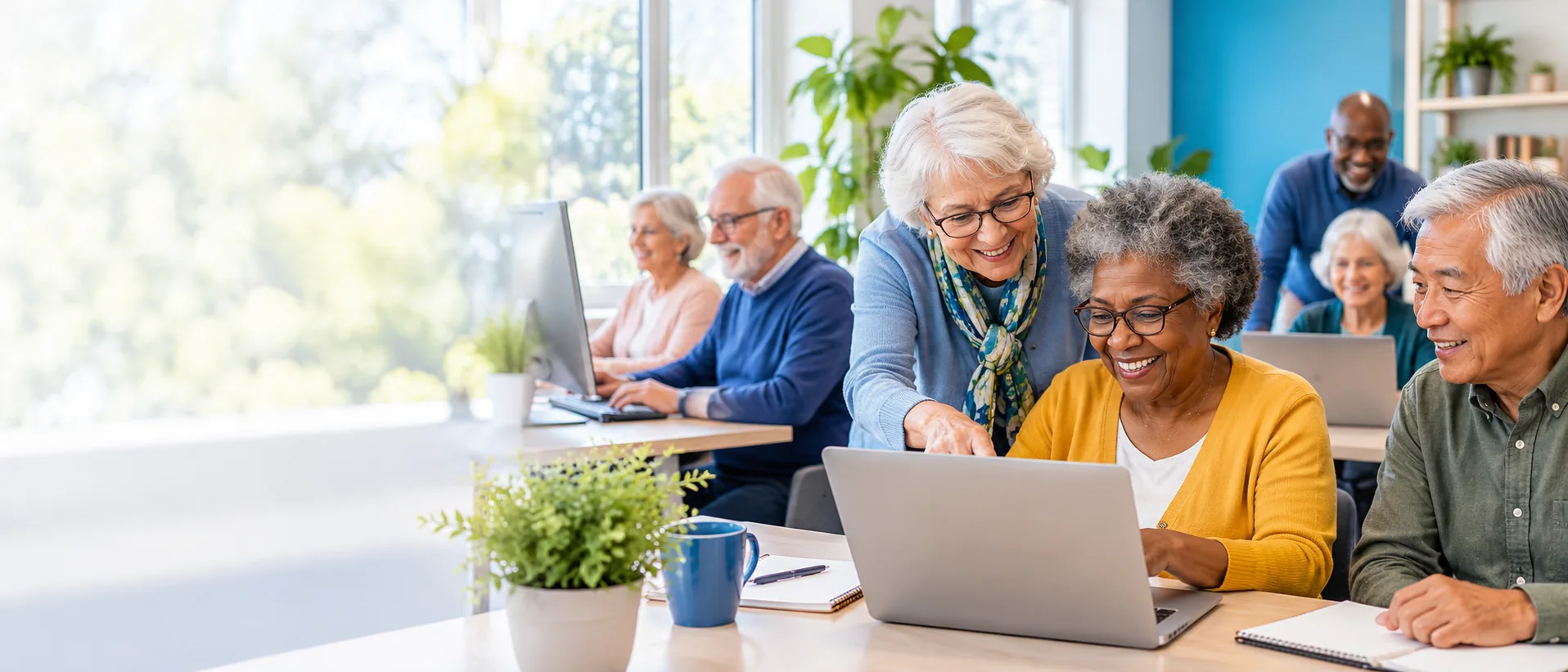 Older adults using computers in a bright, welcoming class setting
